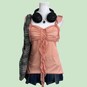 y2k peach girly boho fairy coquette lace up ruffle asymmetric hem mesh tank top